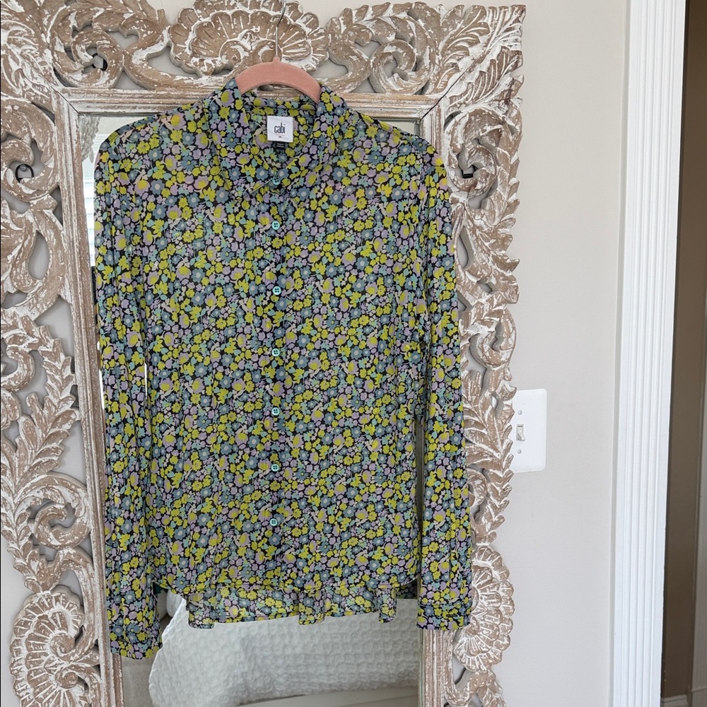 CAbi Yellow Green Floral Button-Down Shirt